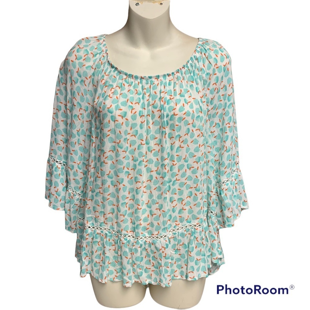 Democracy white/green flouncy top size M floral detail and ruffled sleeves